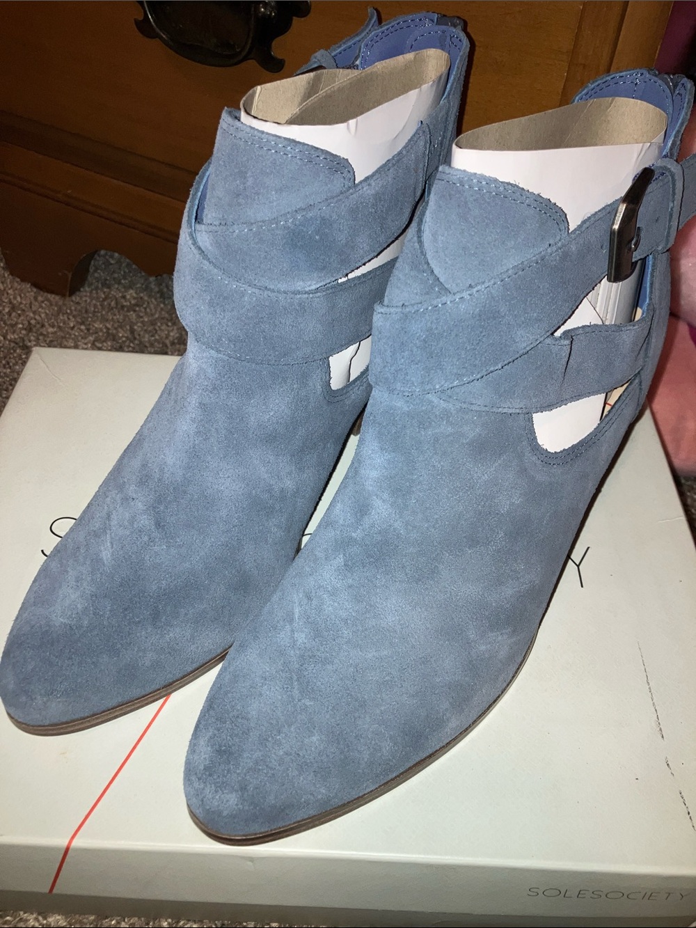 Sole Society Blue Suede Pointed Ankle Booties with Buckle Strap Size 9